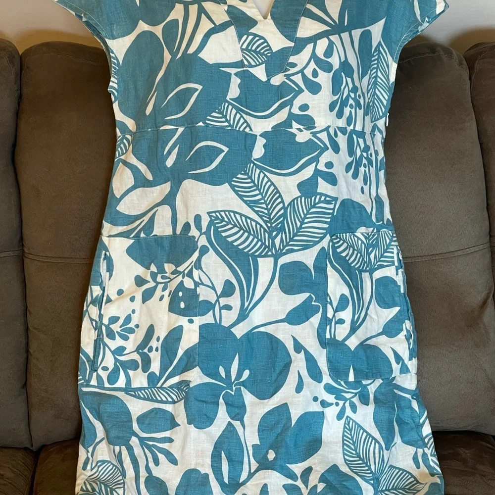 BODEN Women's 100% Linen A-line dress with pockets Blue white Size 4 Vee Neck - Picture 3 of 14